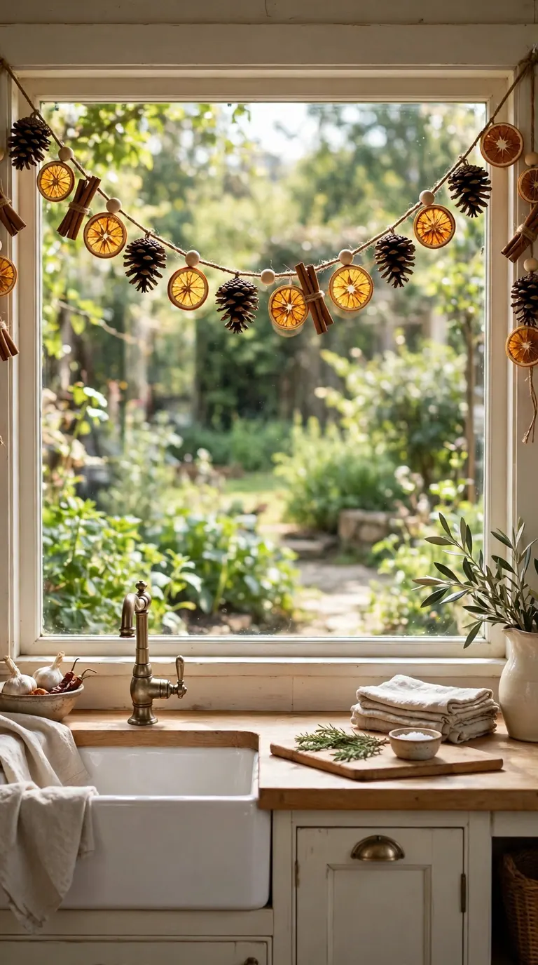 Rustic garland of pinecones and dried orange slices strung across a kitchen window