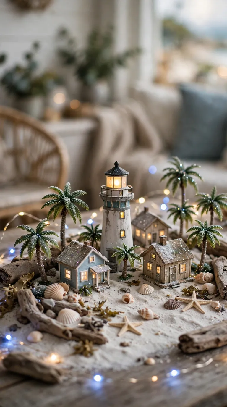 Coastal Christmas village with lighthouse, beach houses and sand base