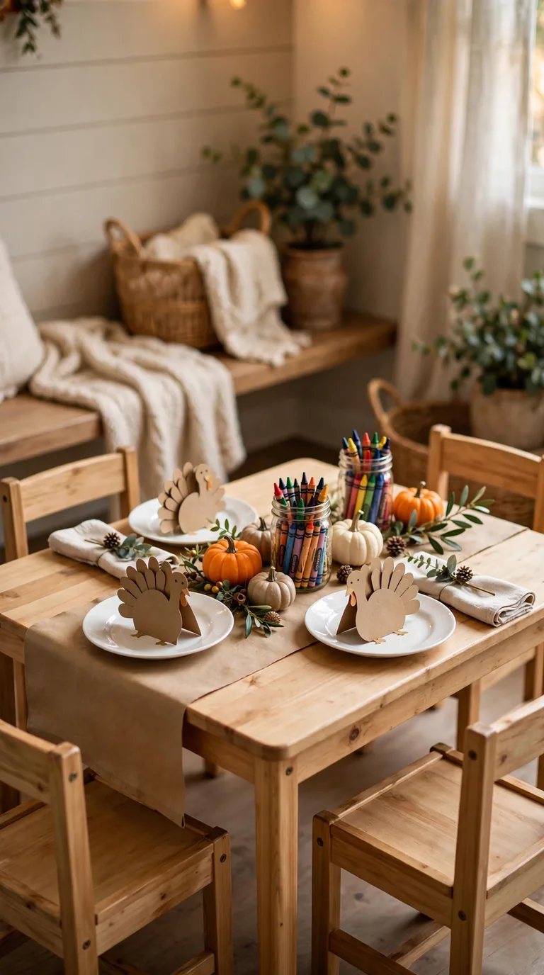 Kids Thanksgiving table with kraft paper runner, crayons and mini pumpkins to decorate