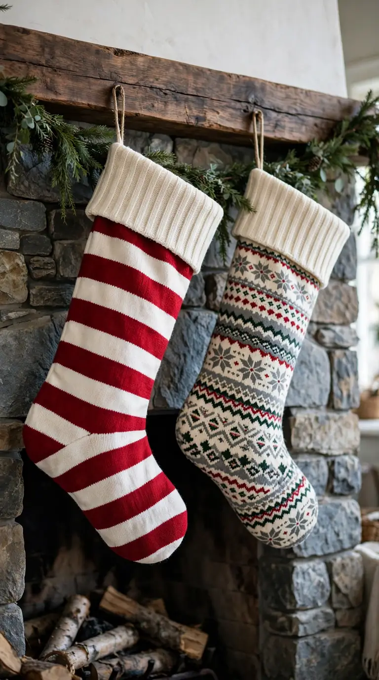 Oversized statement Christmas stockings in bold patterns as the focal point of a large fireplace mantel