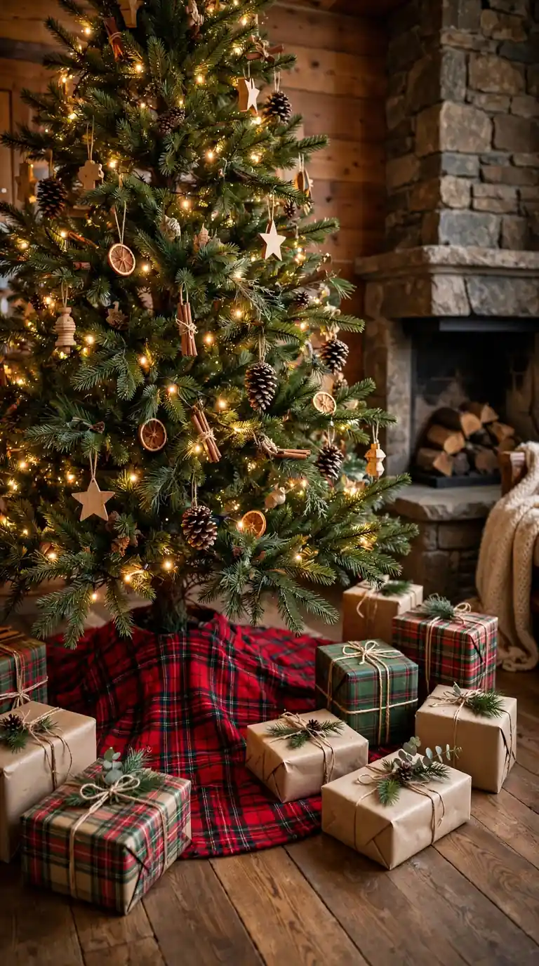 Round red tartan tree skirt under a lit Christmas tree
