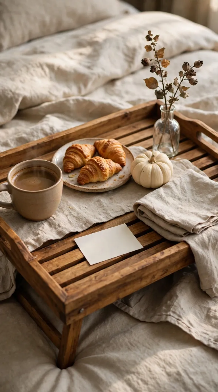 Styled breakfast tray on a bed with coffee, pastries and a small pumpkin