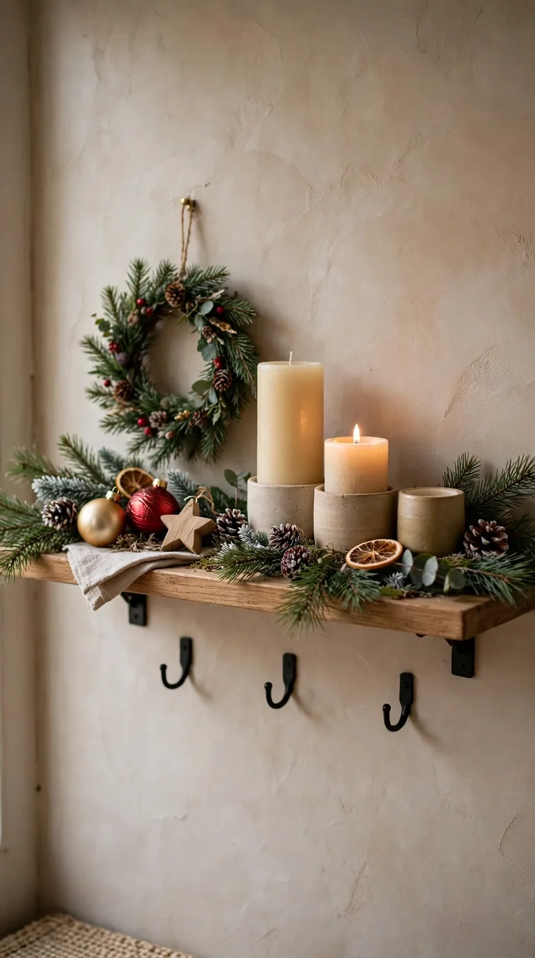 Entryway Christmas shelf decor with a mini wreath, candles, pine branches and ornaments