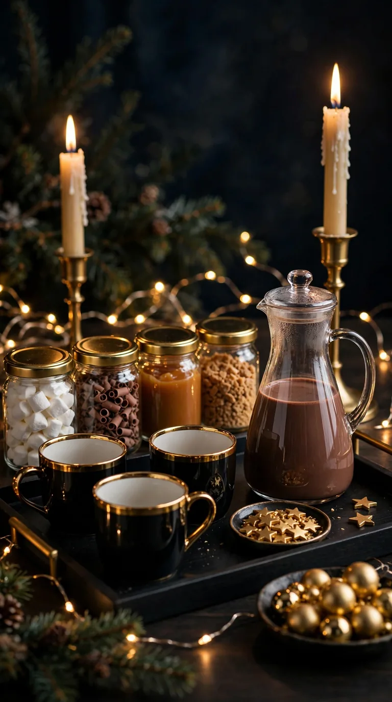 15 Christmas Hot Cocoa Bar Ideas for Cosy Gatherings Elegant gold Christmas hot cocoa bar with brass accents, glass jars and fairy lights