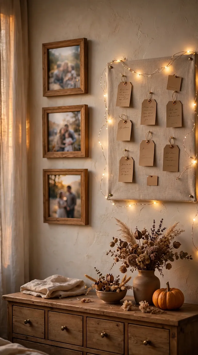 Bedroom gratitude display with framed family photos and handwritten notes on a linen board