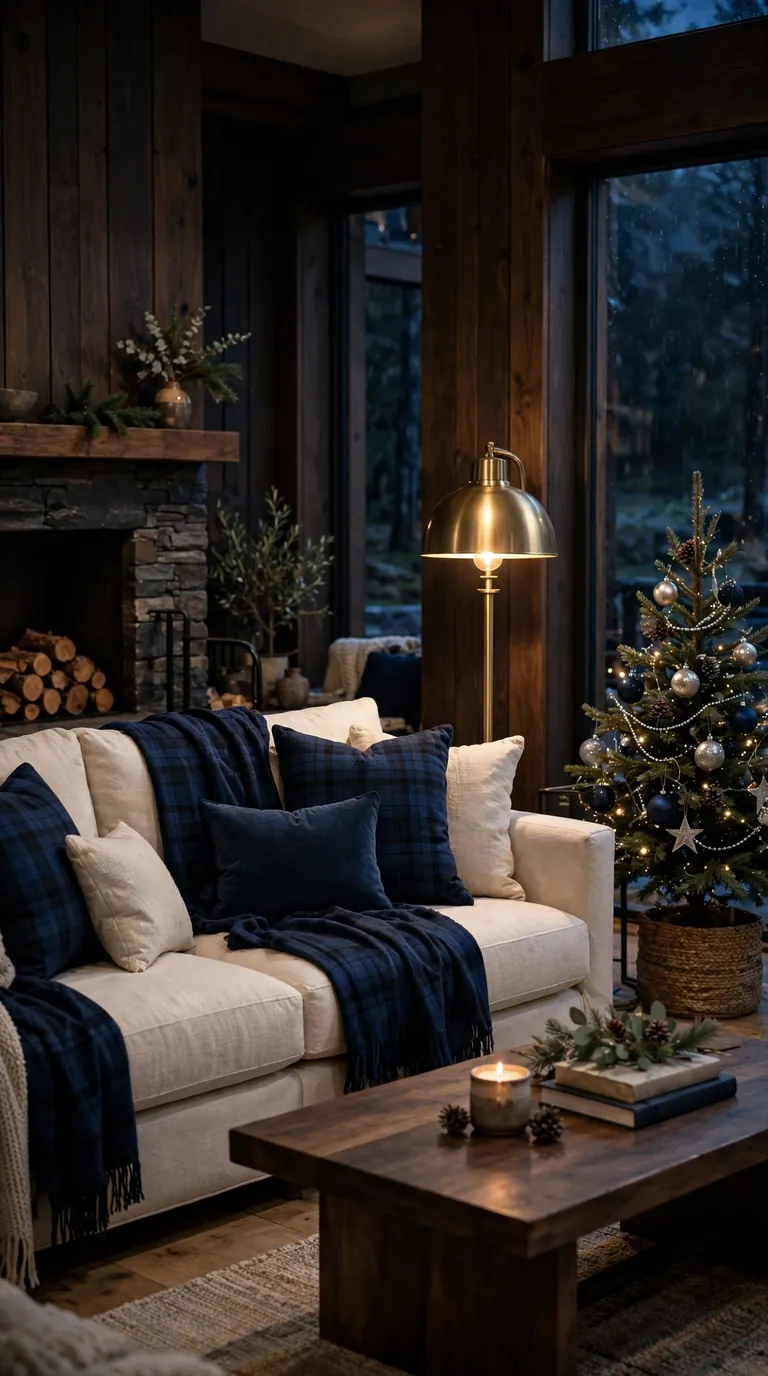 Modern lodge living room with navy tartan throws and cushions