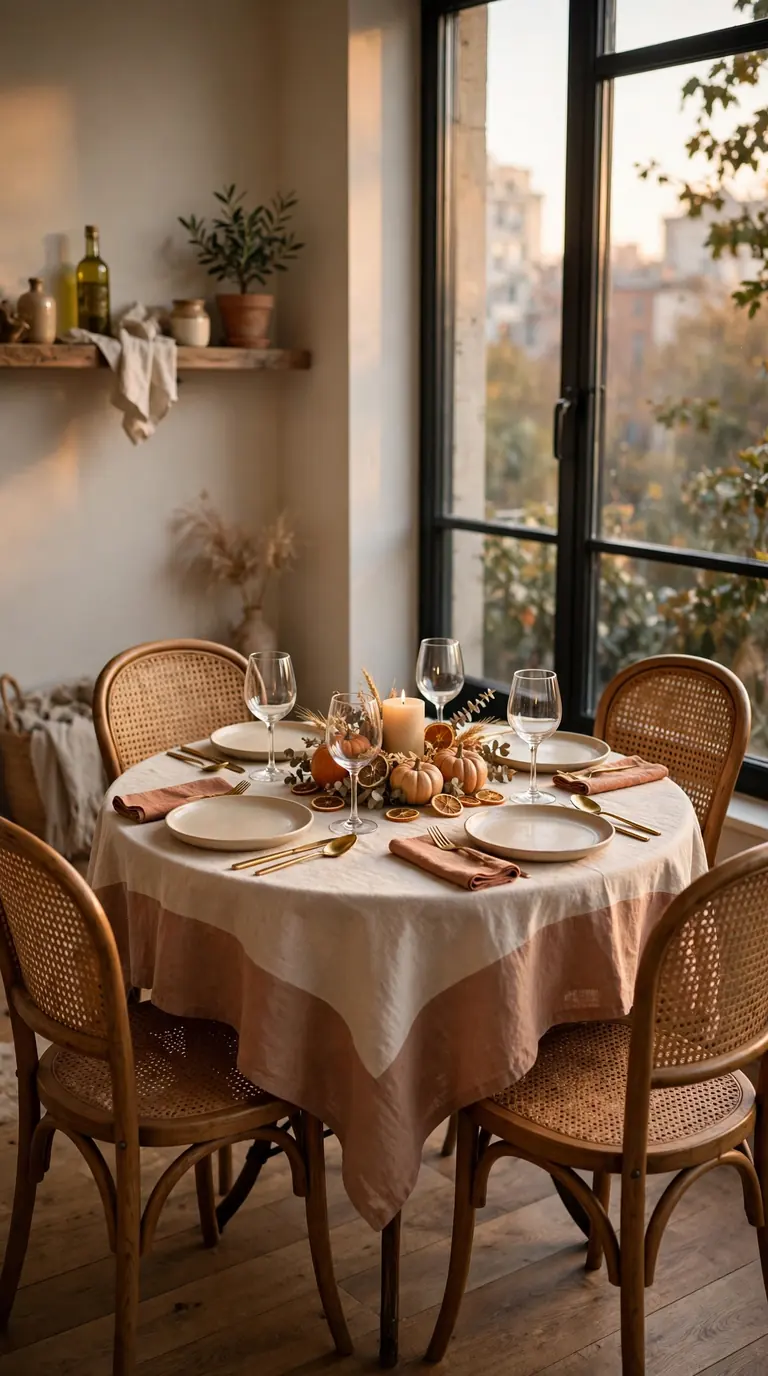 Intimate Thanksgiving table for four with mini pumpkins and a single pillar candle