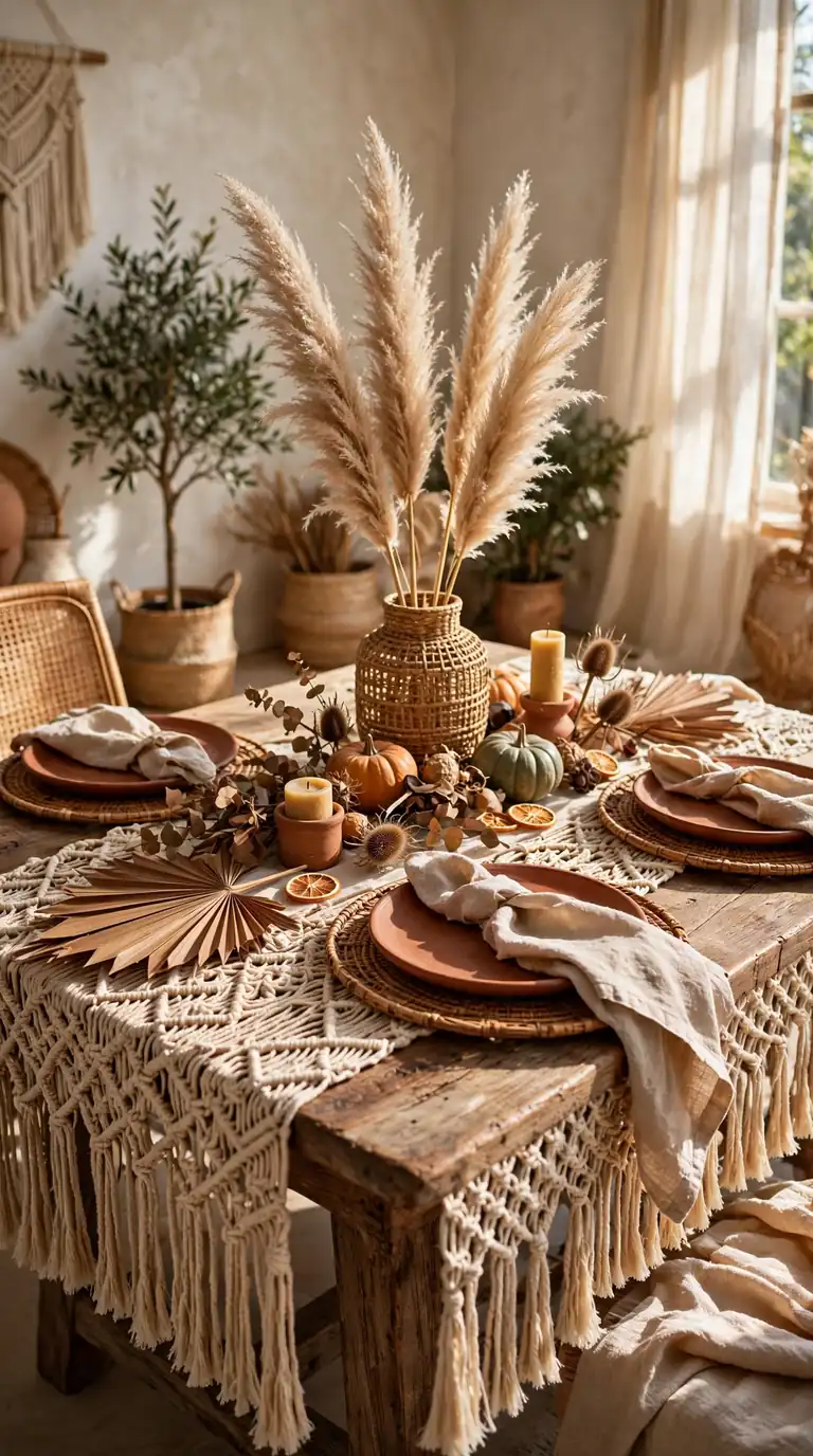 Boho Thanksgiving table with macramé runner, pampas grass and rattan chargers