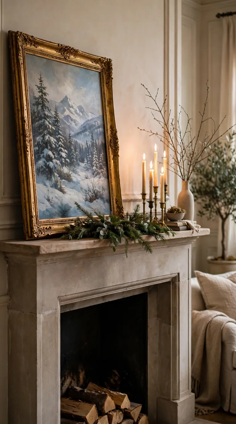 Cozy fireplace decor with candles and fairy lights no garland