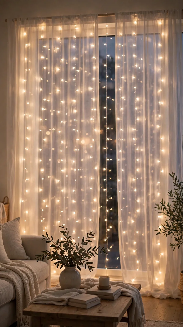 Warm white curtain lights glowing softly behind sheer window panels in a living room