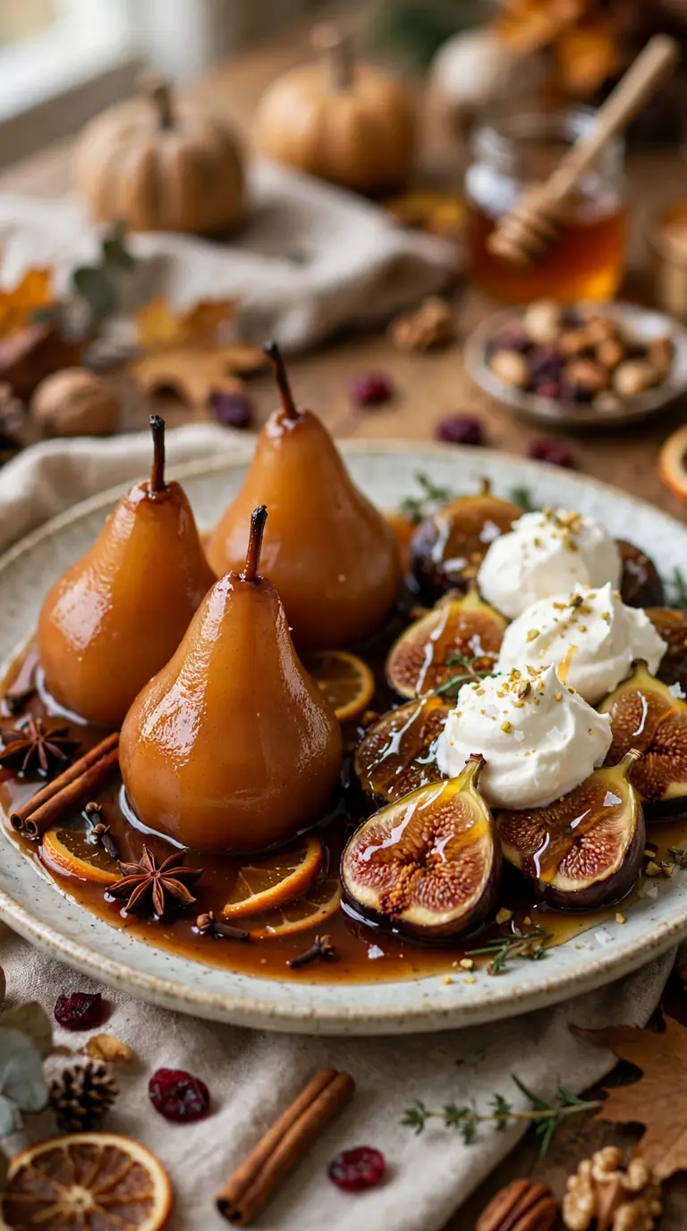 Poached pears and roasted figs with cream on an elegant Thanksgiving dessert table