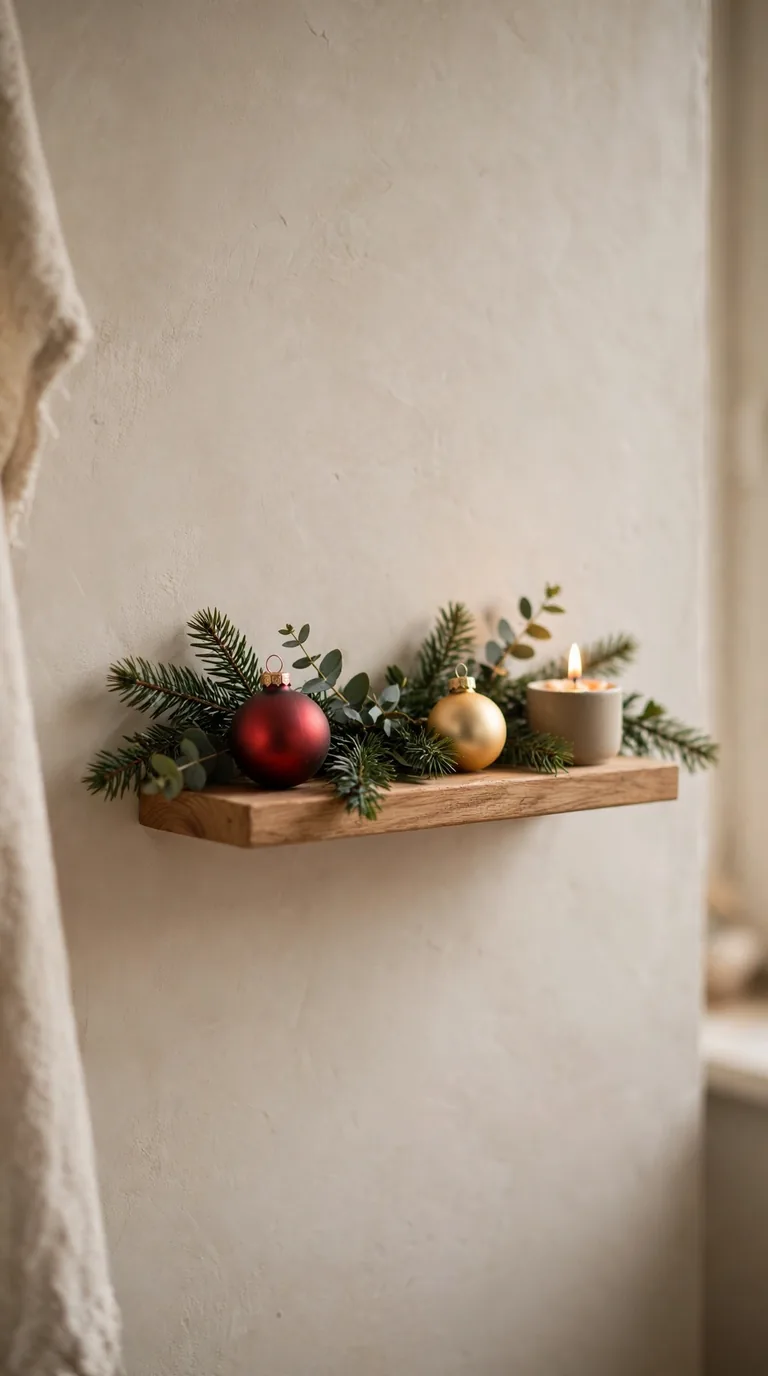 Small space Christmas shelf decor with a mini garland, a few ornaments and a candle on a single floating shelf