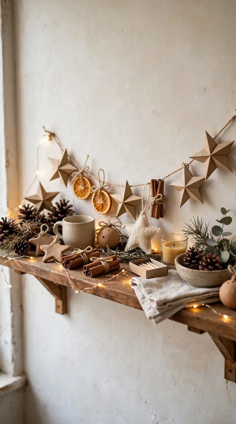 Budget friendly Christmas shelf decor made with paper stars, pinecones, string lights and homemade ornaments