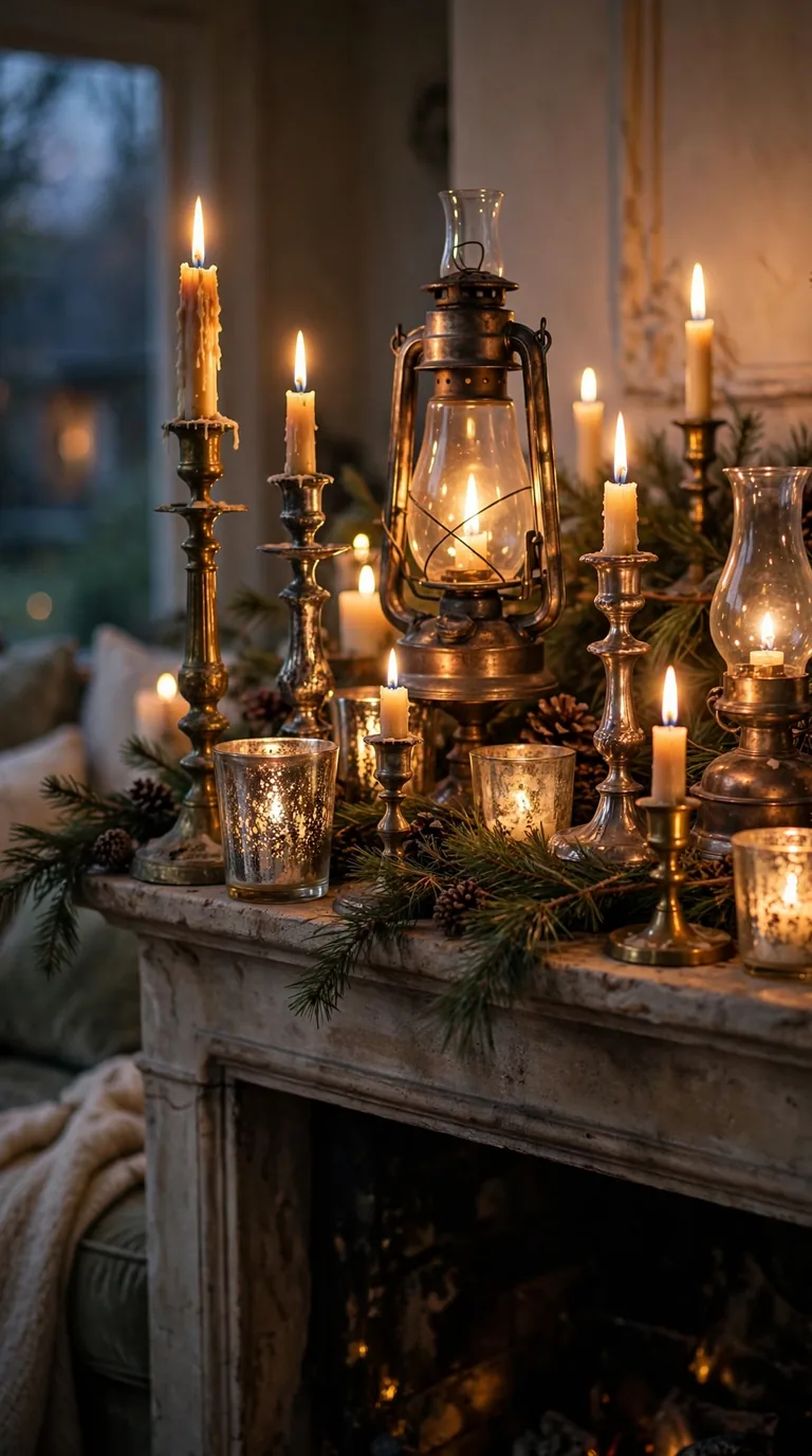 Holiday mantel styling with double wreaths and mirror