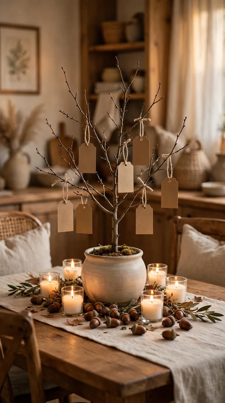 Gratitude tree Thanksgiving centrepiece with hanging kraft paper notes and votive candles