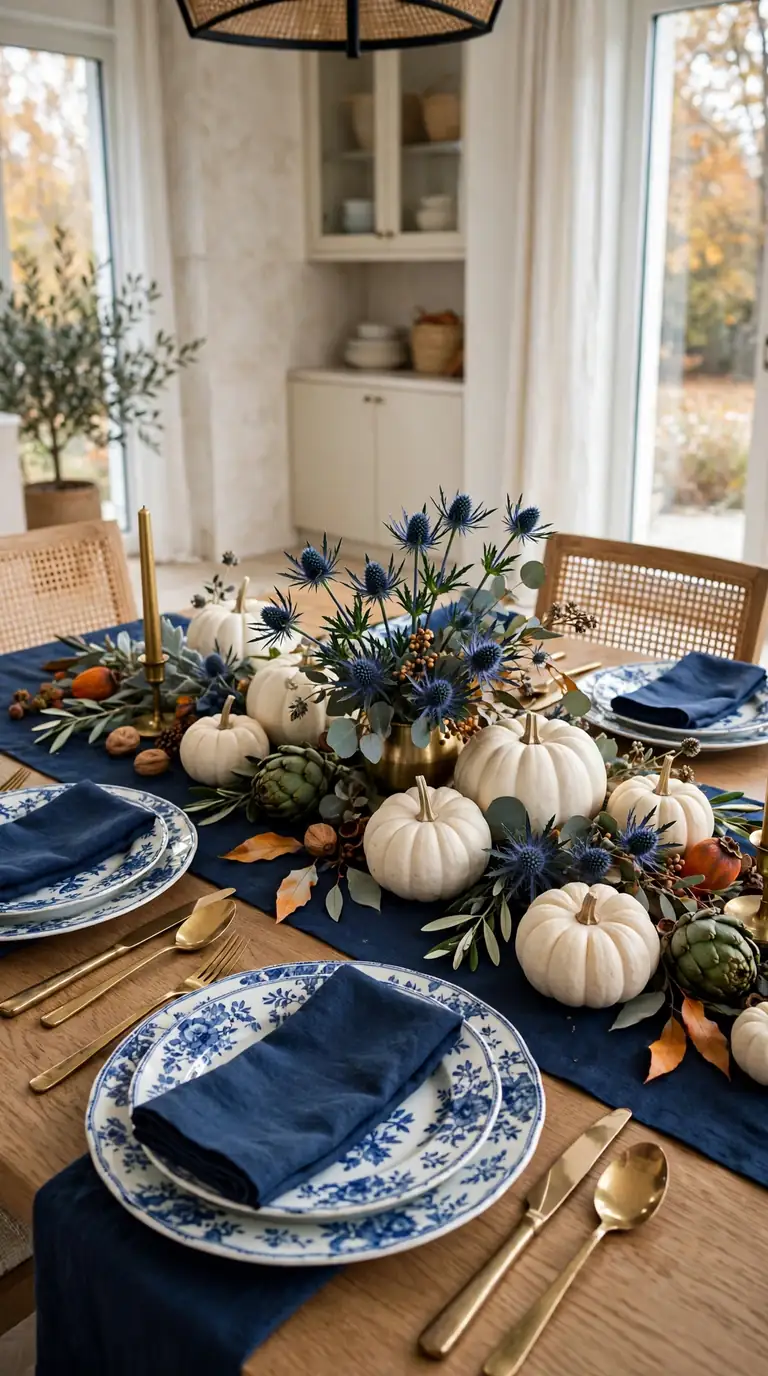Thanksgiving table with blue-and-white porcelain, navy napkins and white pumpkins