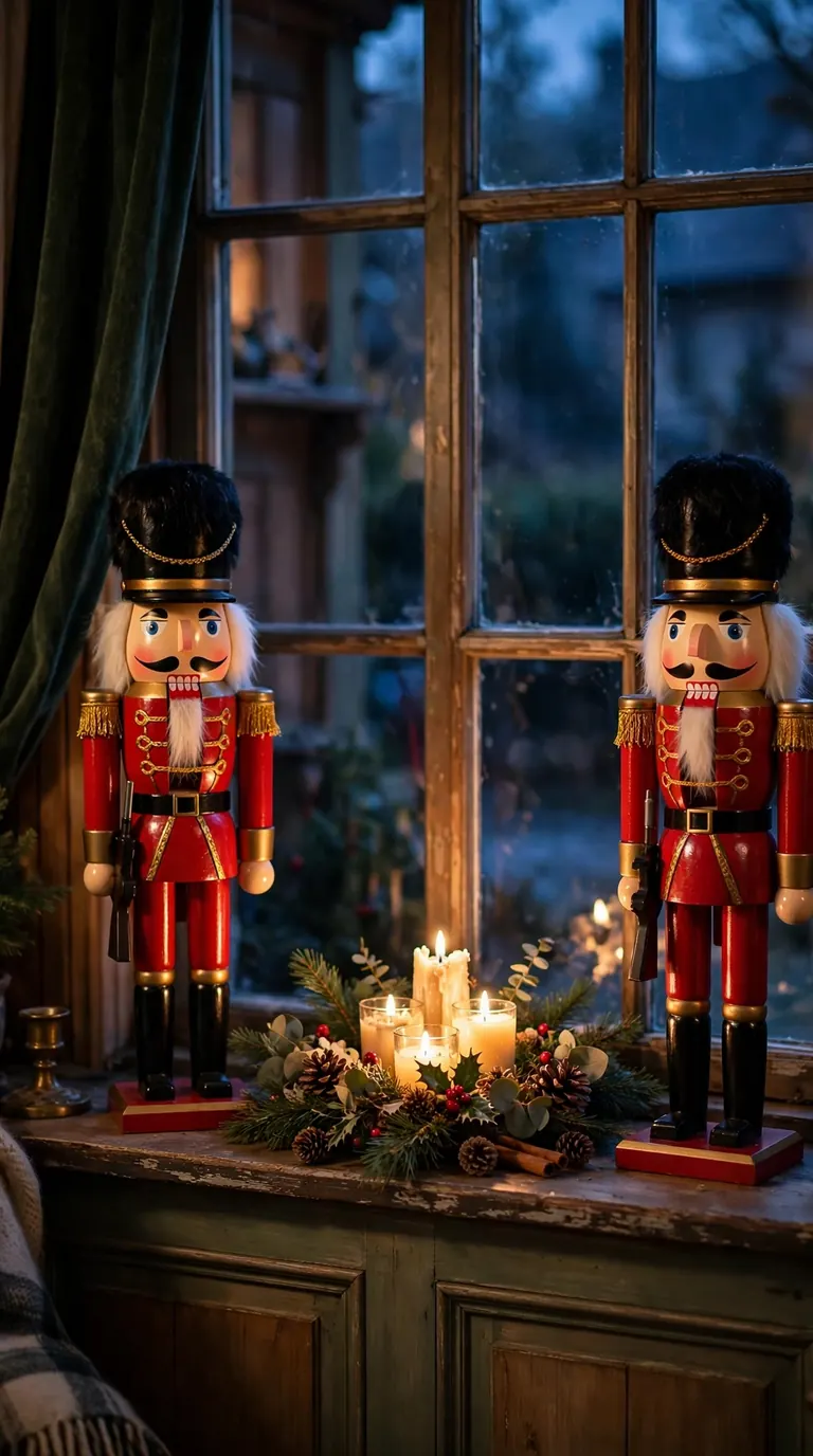 Two classic nutcracker figures flanking glowing candles on a windowsill in the evening