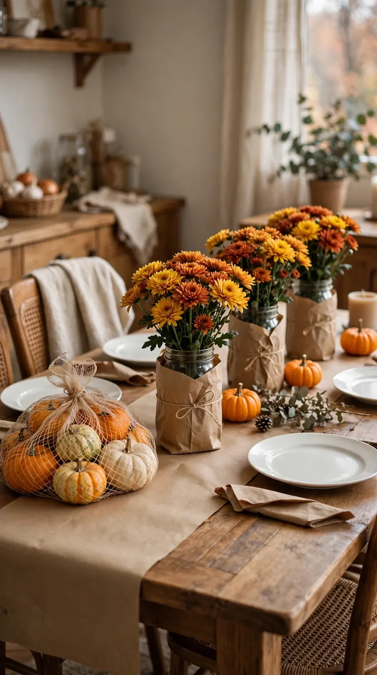 Budget Thanksgiving table with grocery-store mums in paper-wrapped jars and mini pumpkins