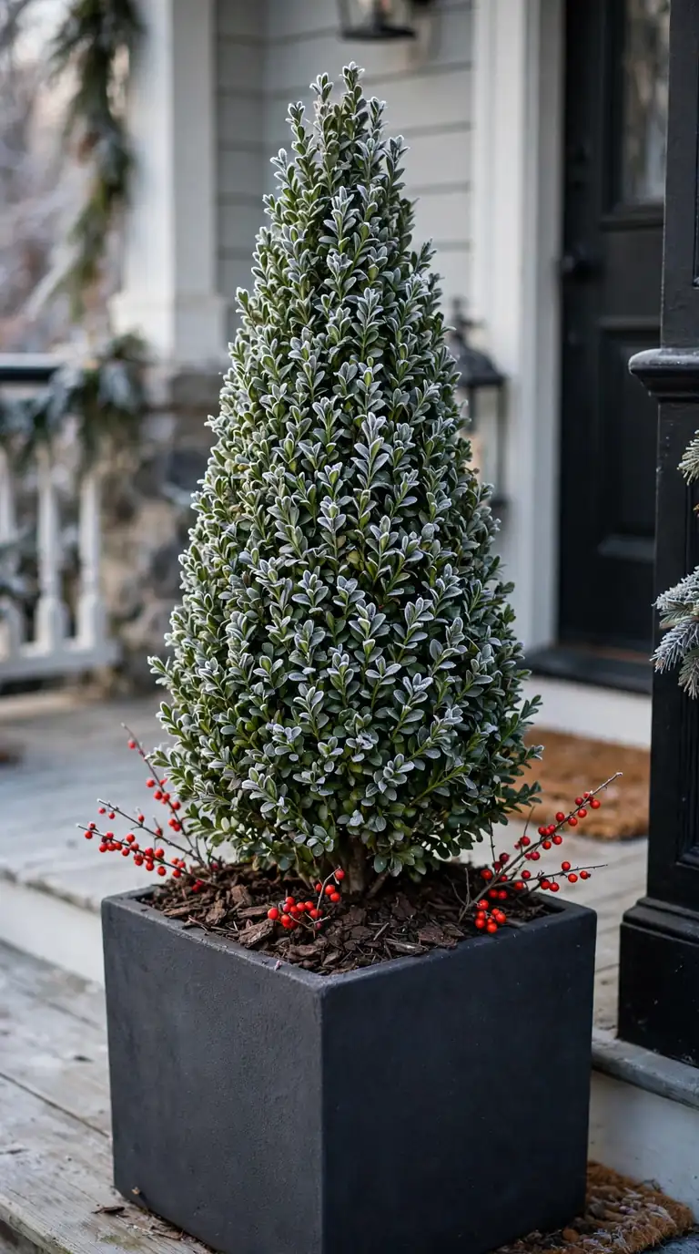Clipped boxwood cone topiary in a dark winter planter with mulch and red berry sprigs