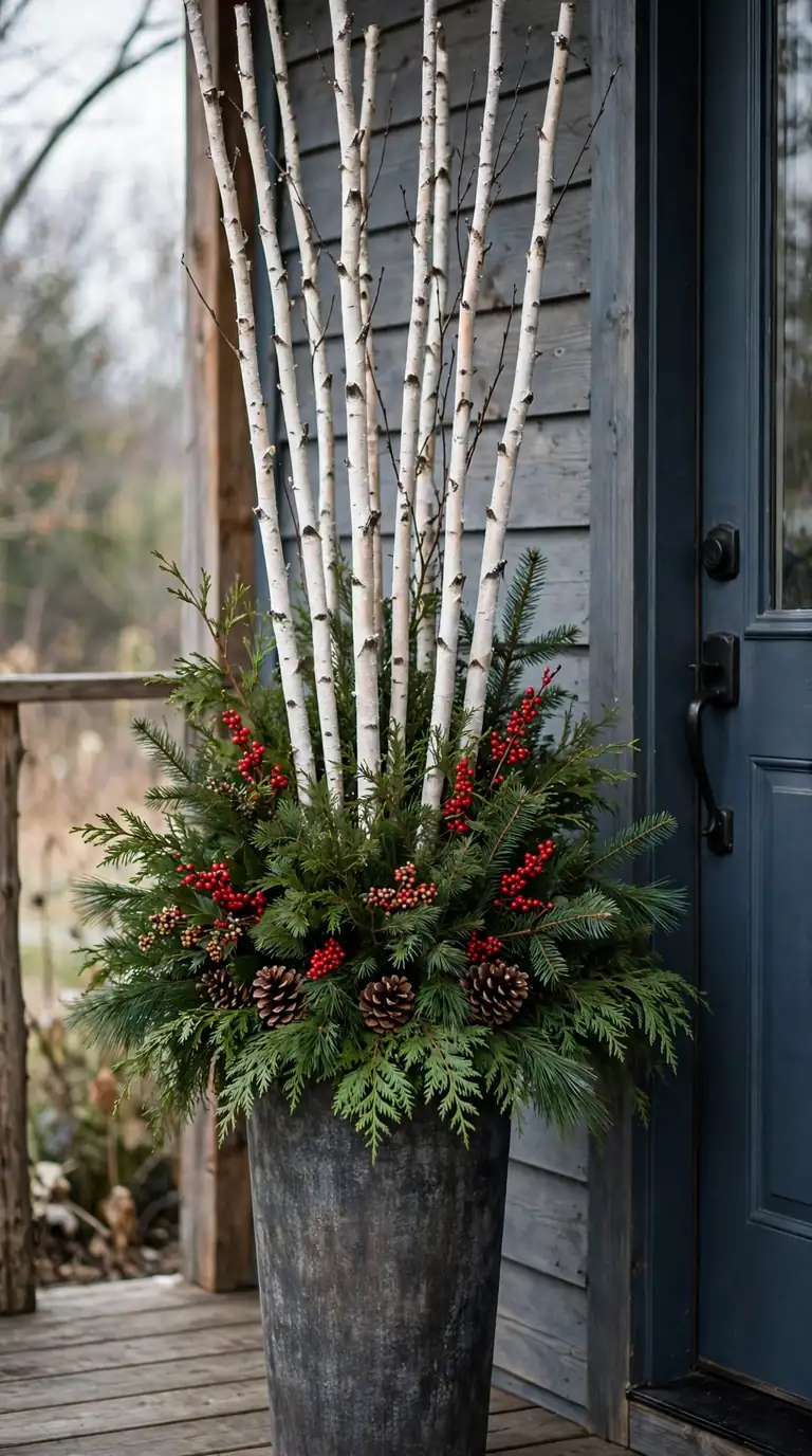 Christmas planter with tall white birch branches, cedar boughs and bright red berries on a wooden porch