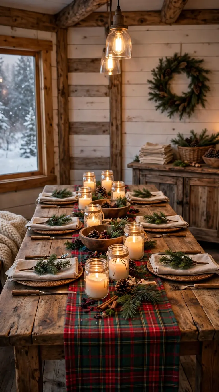 15 Christmas Dining Room Decor Ideas for Festive Gatherings Farmhouse christmas dining room decor with plaid runner, fresh pine sprigs and mason jar candles
