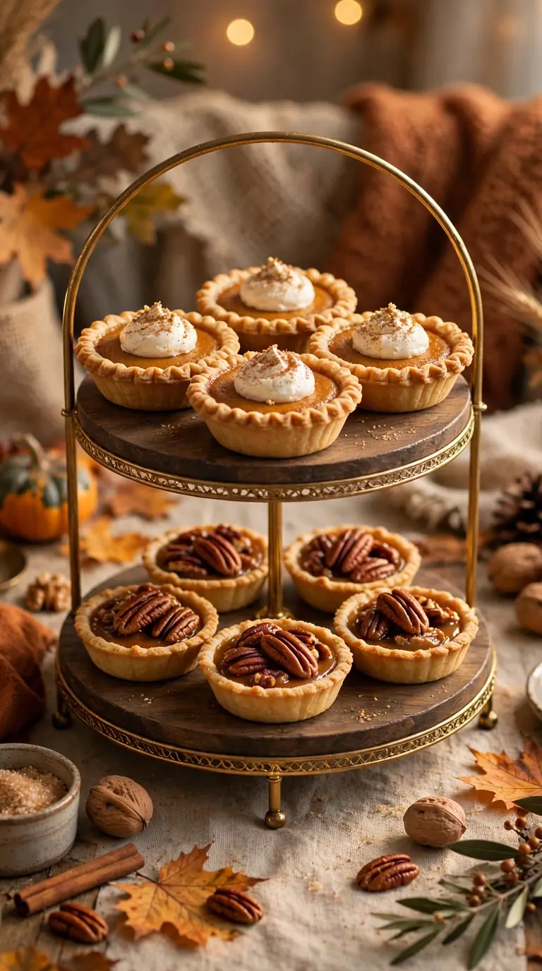Mini pumpkin pies and pecan tartlets arranged on a tiered stand for Thanksgiving