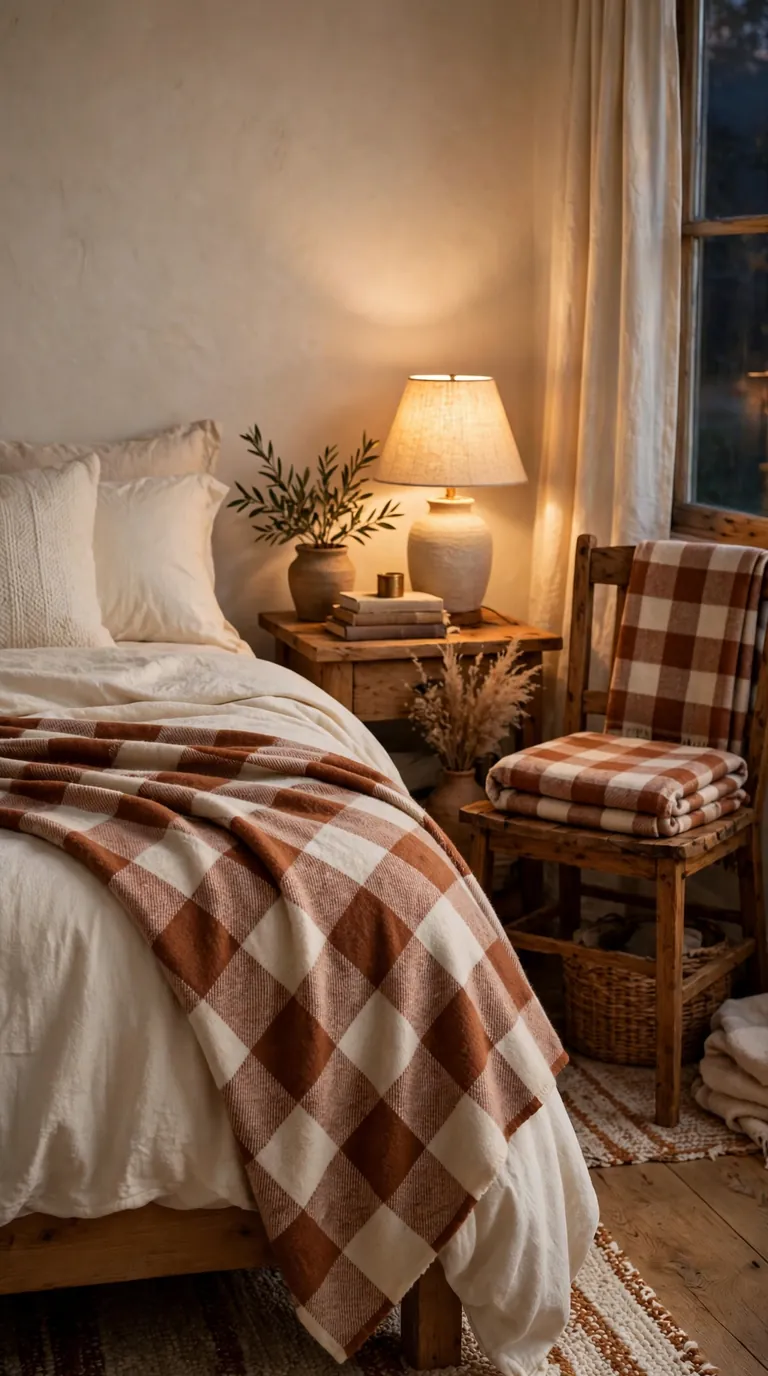 Buffalo check plaid throw draped over flannel sheets in a fall bedroom