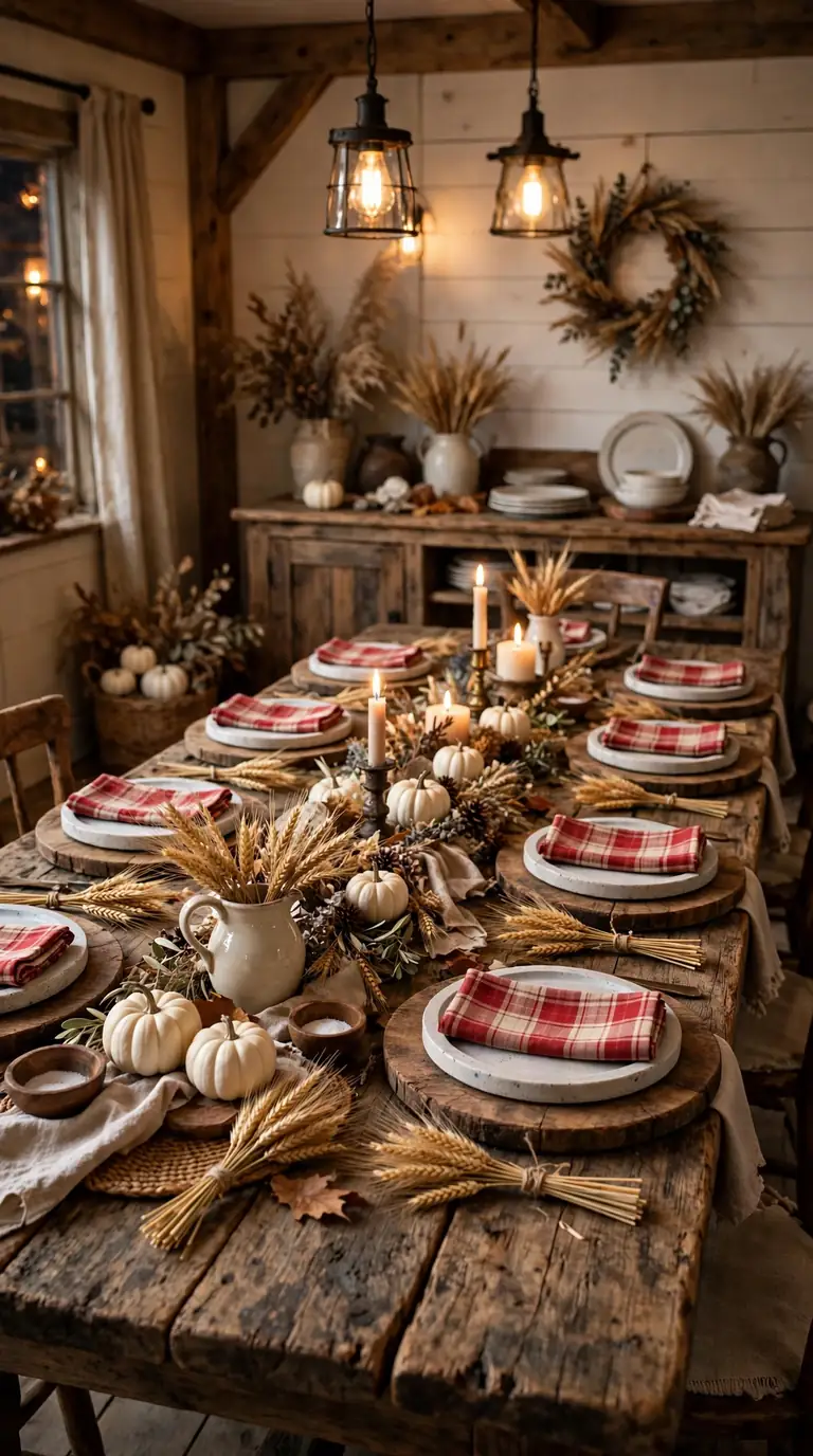 Rustic farmhouse Thanksgiving dinner table with wooden chargers, plaid napkins and wheat stalk place accents