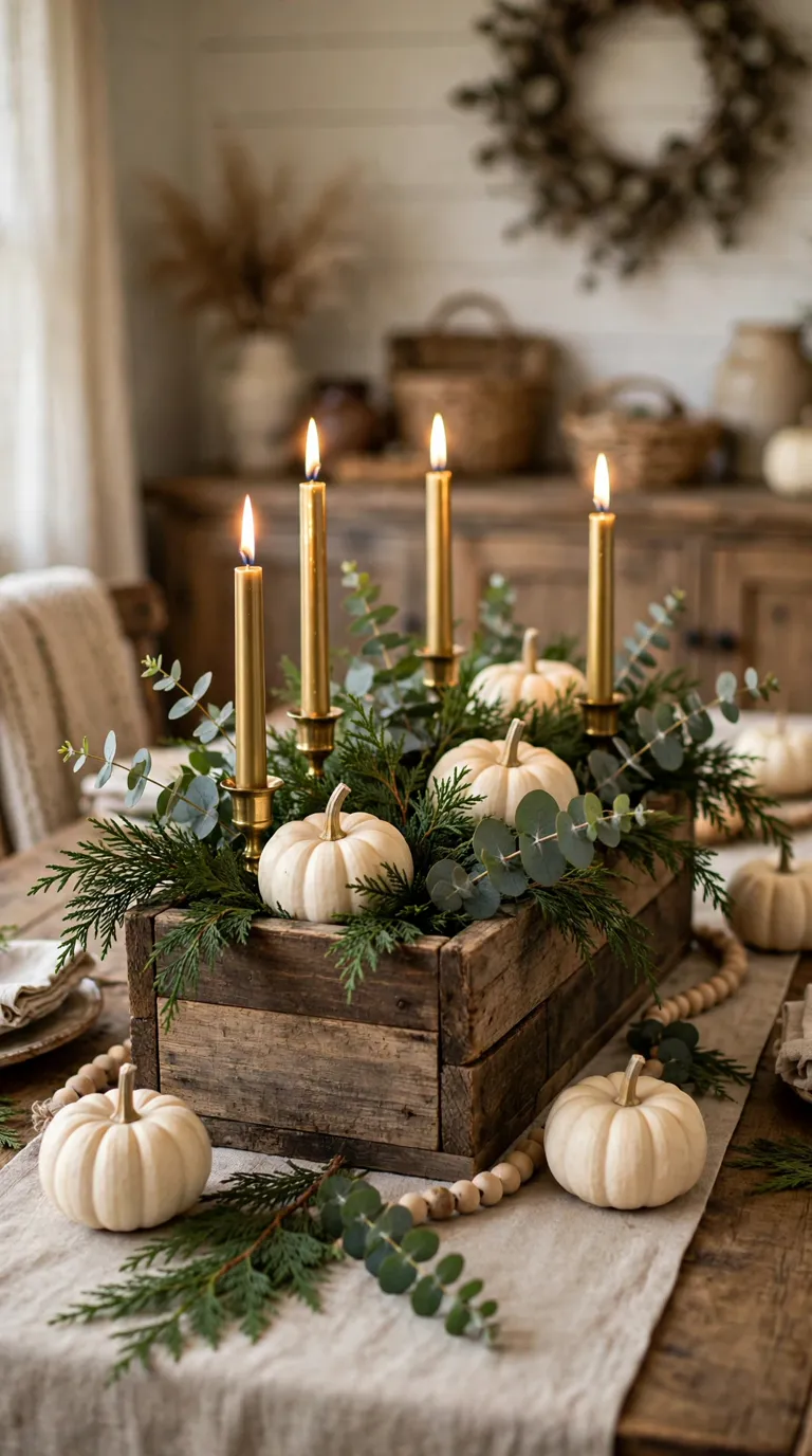 Rustic wooden box centerpiece filled with greenery and candles