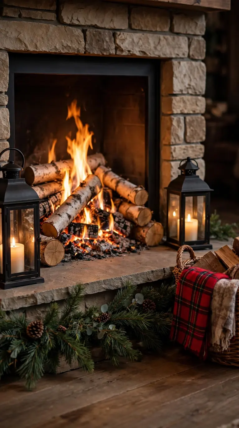 Scandinavian christmas mantel with white candles and light wood decorations