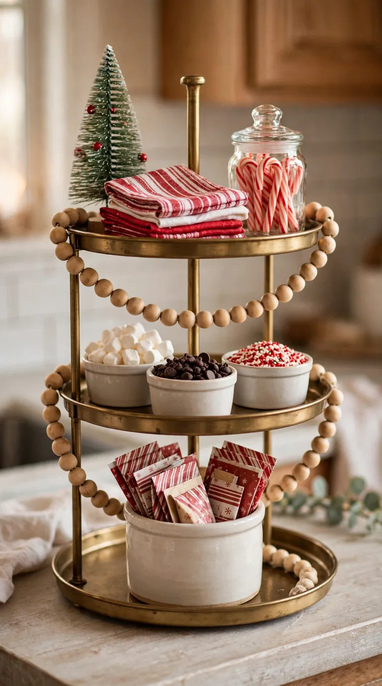 15 Christmas Hot Cocoa Bar Ideas for Cosy Gatherings Tiered tray Christmas hot cocoa bar with cocoa sachets, topping ramekins and candy cane stirrers