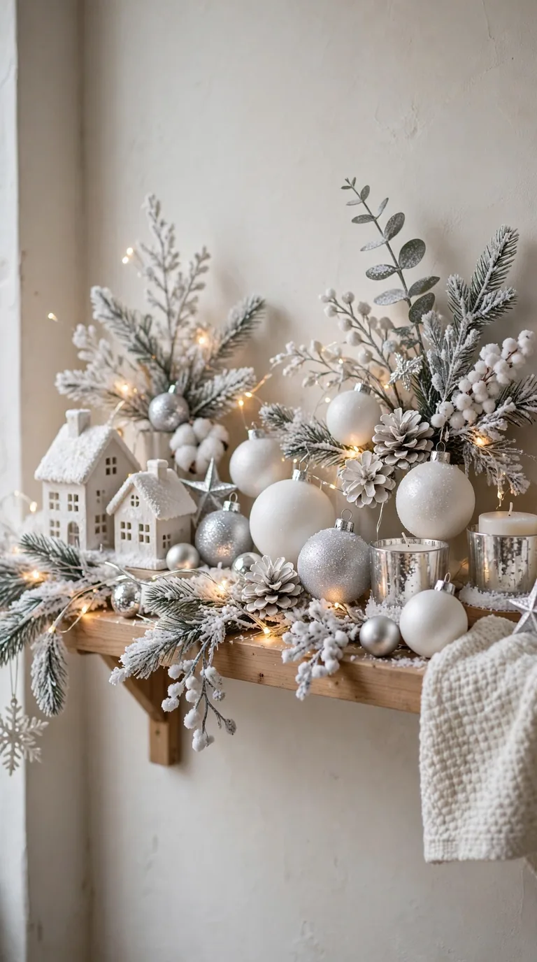 White and silver winter wonderland Christmas shelf with white ornaments, silver baubles and faux snow