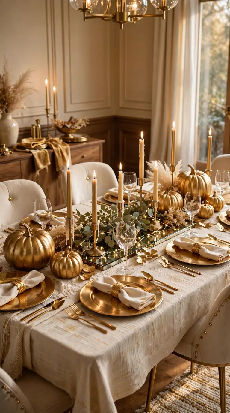 Glamorous Thanksgiving table with gilded gold pumpkins and metallic gold chargers
