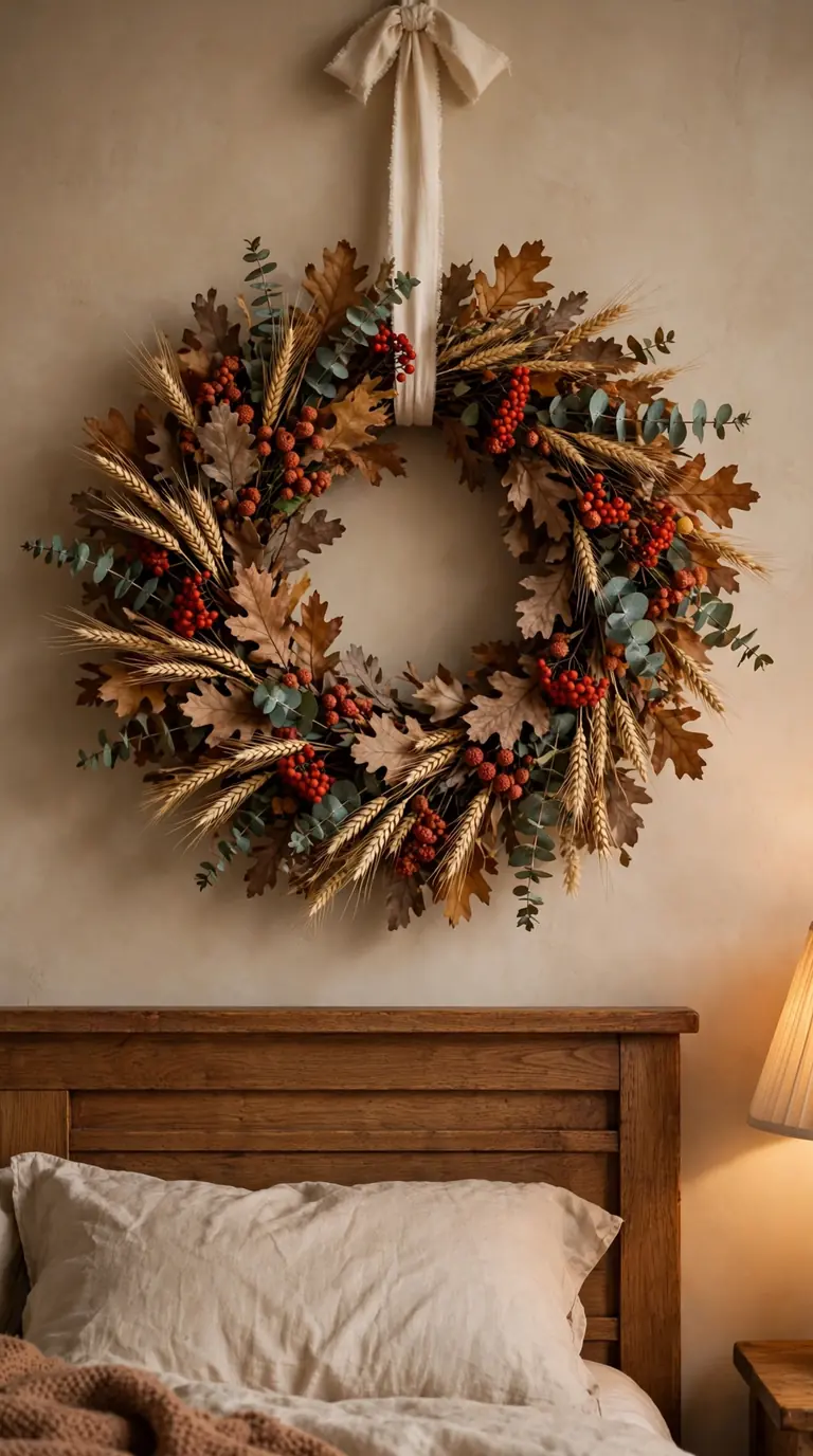 Large autumn wreath of dried leaves, wheat and berries hanging above a wooden headboard