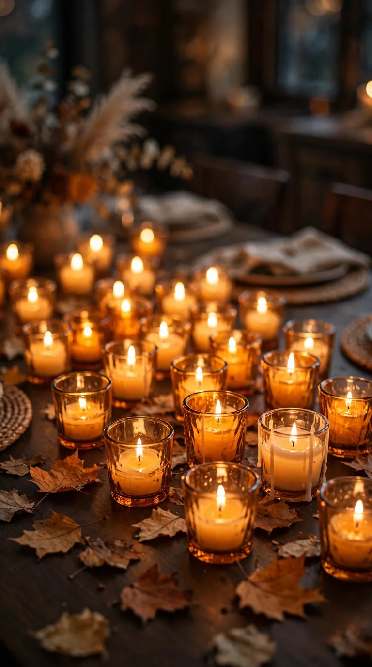 Thanksgiving table aglow with amber glass votive candle holders and scattered autumn leaves