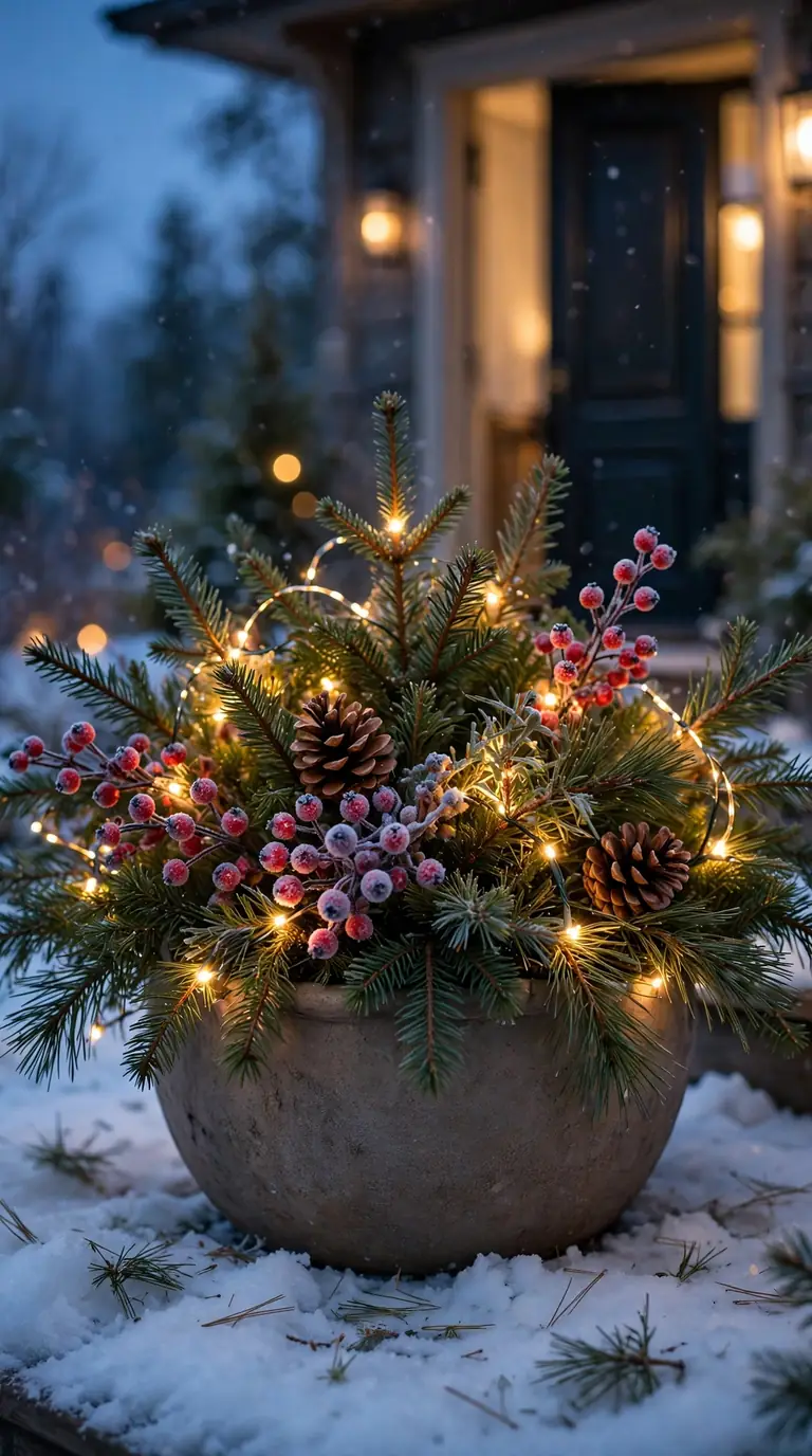 Christmas planter with warm fairy lights glowing through evergreen branches and pinecones at dusk