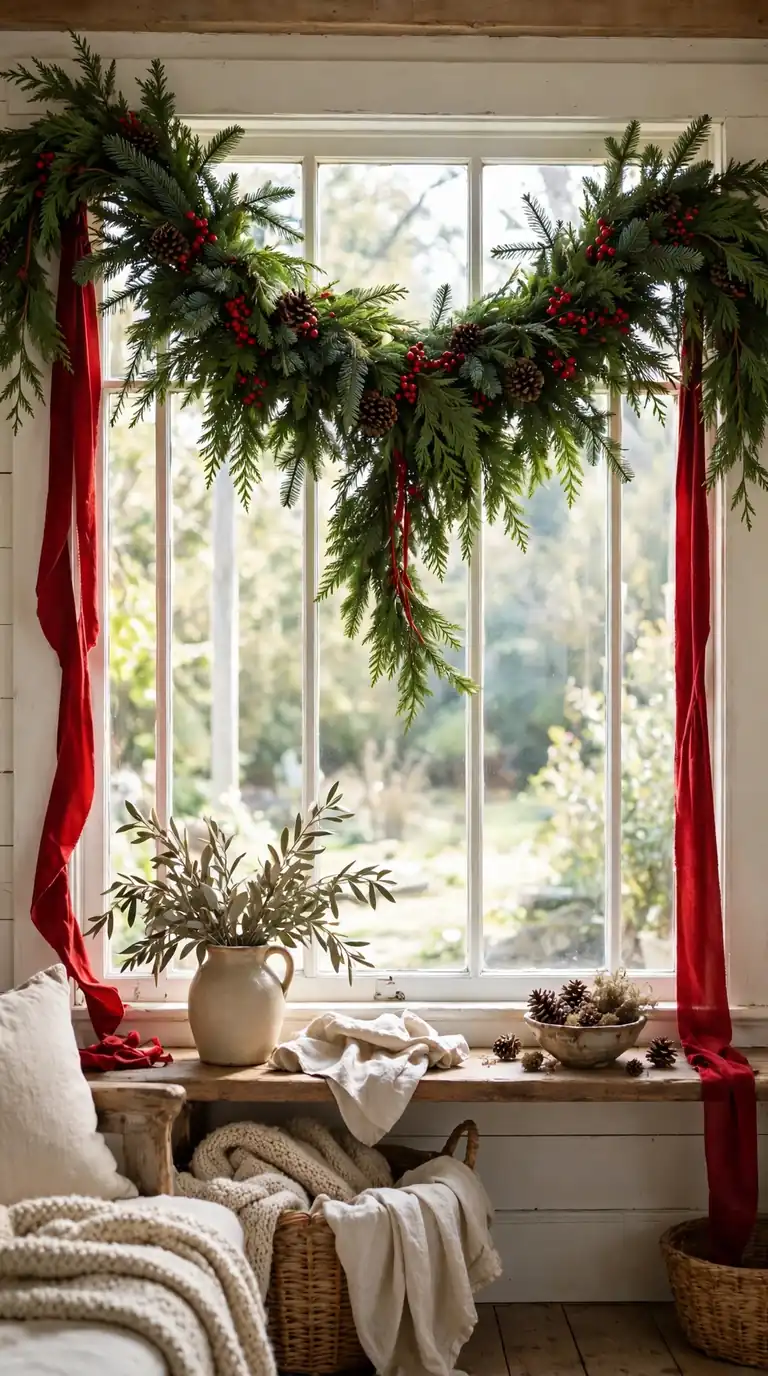 Fresh evergreen swag with pinecones and red berries draped across the top of a window