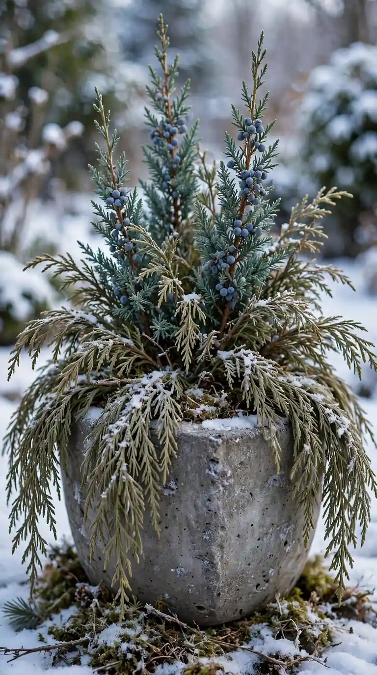 Layered cedar and juniper evergreen planter with draping fronds and blue juniper berries