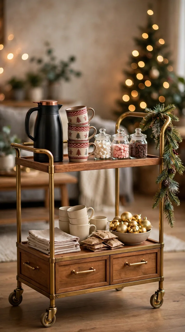 15 Christmas Hot Cocoa Bar Ideas for Cosy Gatherings Rolling bar cart styled as a Christmas hot cocoa bar with mugs, topping jars and garland