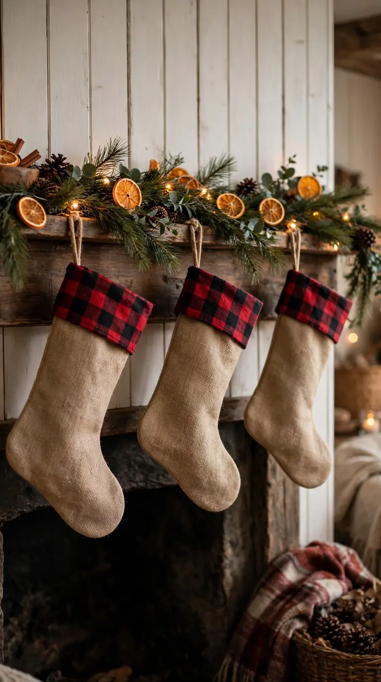 Rustic burlap Christmas stockings with red plaid cuffs hanging on a fireplace mantel with pine garland