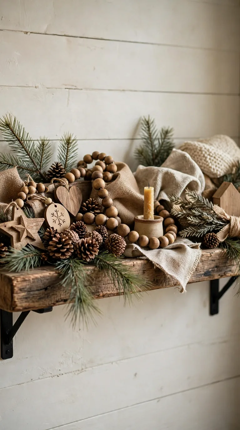 Rustic farmhouse Christmas shelf decor with wooden ornaments, pinecones, burlap and pine branches