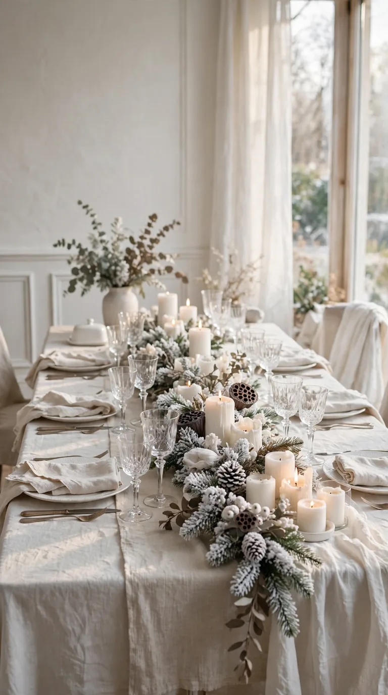 15 Christmas Dining Room Decor Ideas for Festive Gatherings All-white christmas dining room decor with pillar candles and snowy garland