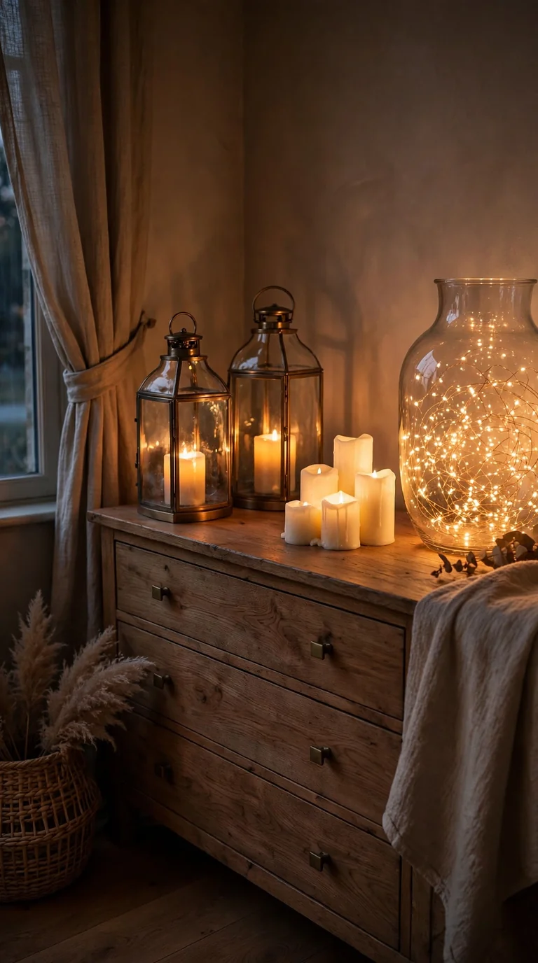 Bedroom glowing with warm amber candlelight, lanterns and soft string lights