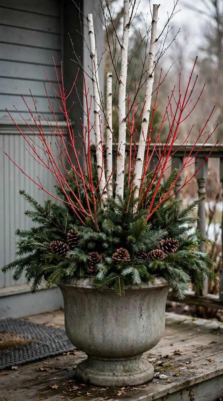 Winter evergreen planter with white birch branches and red-twig dogwood stems among spruce boughs