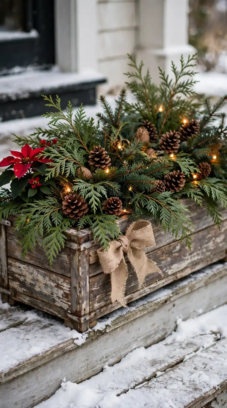 Rustic wooden box Christmas planter with layered cedar, spruce, pinecones and string lights on front steps