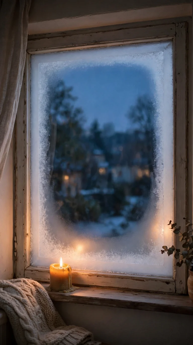 Frosted window film border with snowy edge glowing behind a candle at dusk