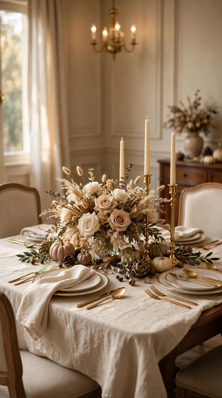 Elegant cream and gold Thanksgiving dinner table with gold-rimmed dinnerware and tall ivory tapers