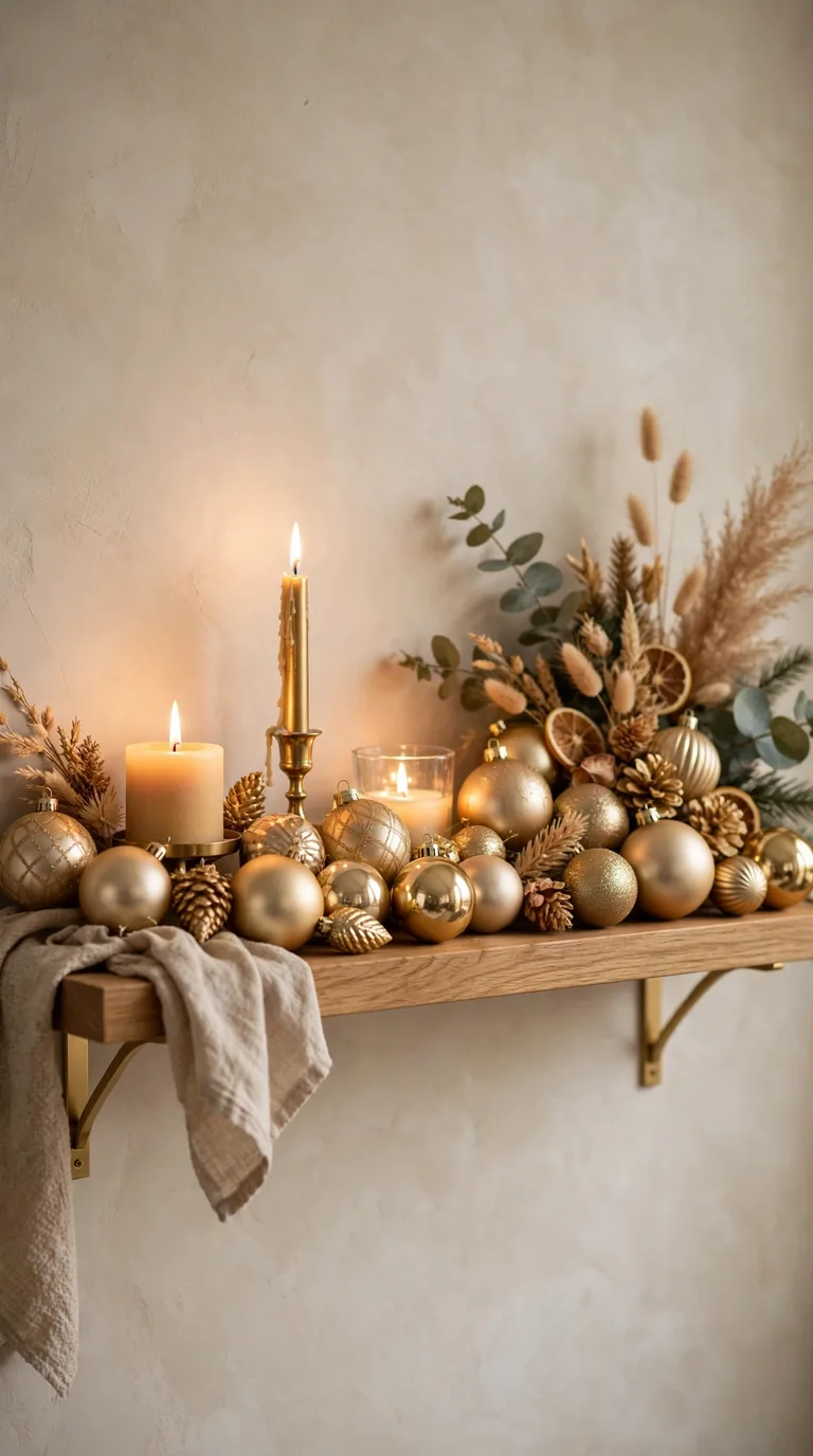 Elegant gold and champagne Christmas shelf decor with gold ornaments, candles and soft warm light