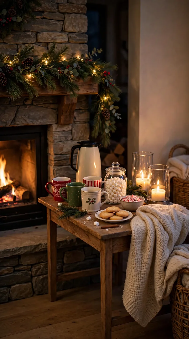 15 Christmas Hot Cocoa Bar Ideas for Cosy Gatherings Mantel-adjacent Christmas hot cocoa bar on a console table beside a fireplace with garland and candles