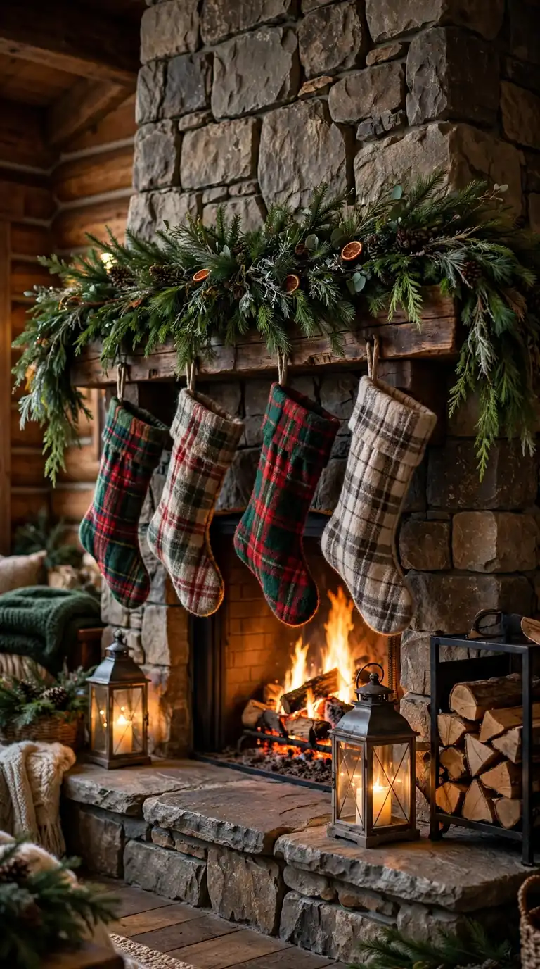 Rustic woodland christmas mantel with pinecones and birch logs